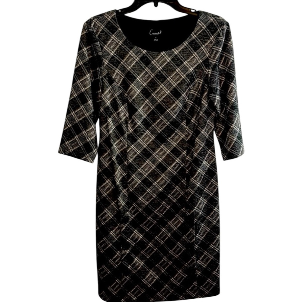 Connected Apparel Dress, Midi,‎ Sheath, 3/4 Sleeve, Black Grey Plaid, Size 6 NWT